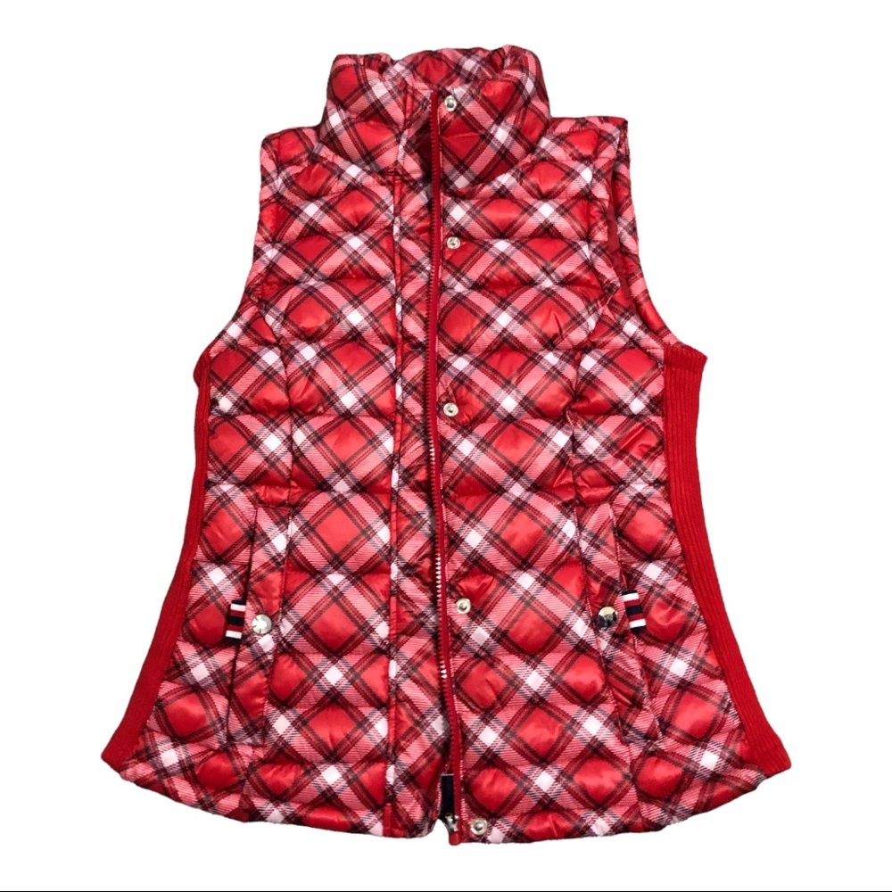 Tommy Hilfiger red plaid tufted quilted fitted puffy‎ puffer vest size XS new